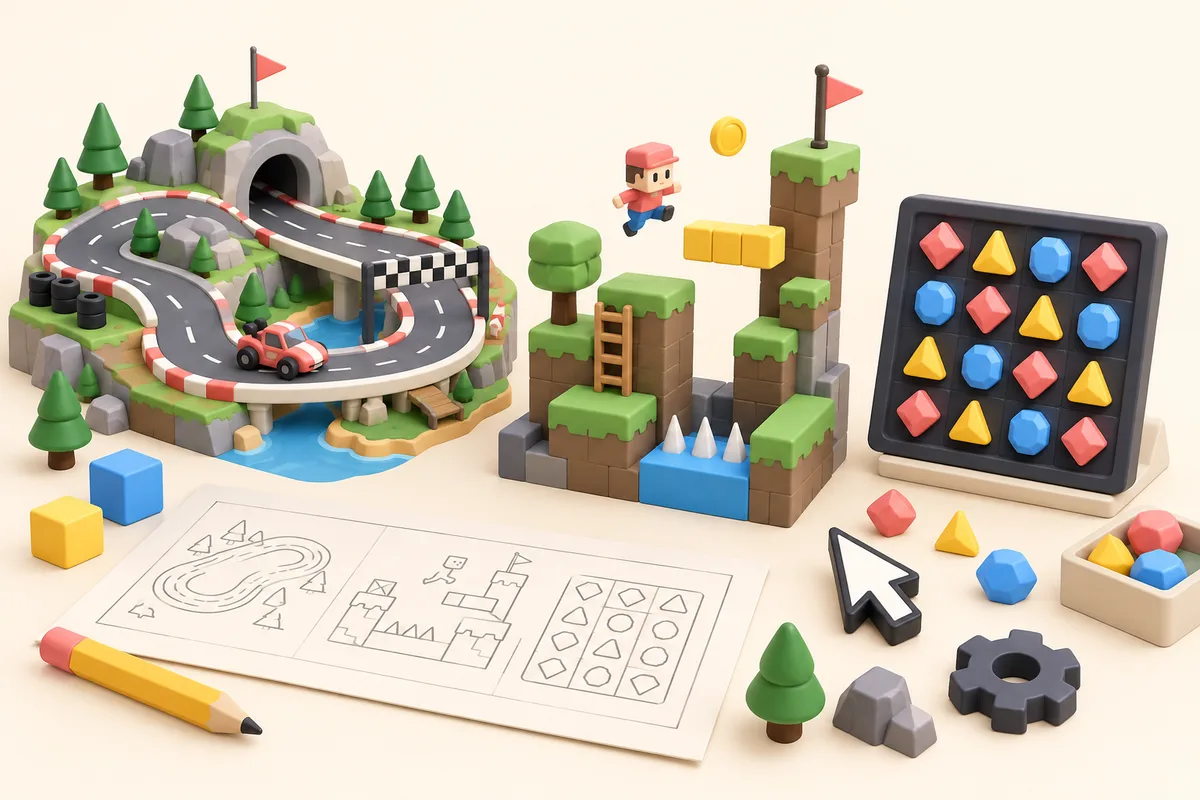 Miniature racing, platformer, and puzzle worlds form a game-making toolkit.